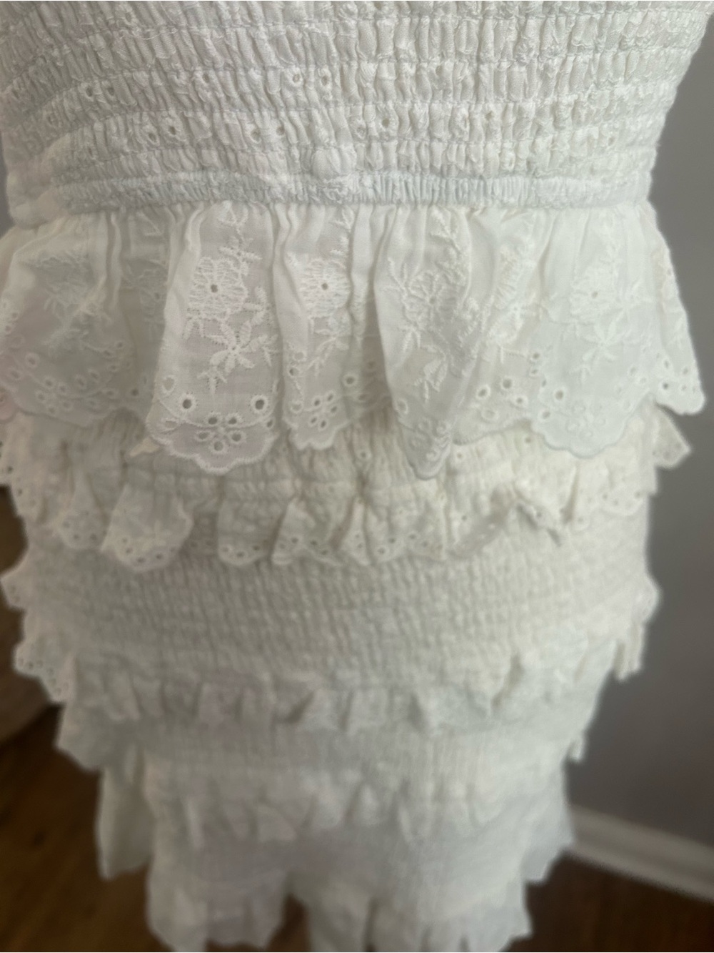 NWT Storia You Flatter Me White Eyelet Ruffle Smocked Bodycon Mini Dress - Picture 7 of 9